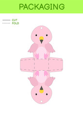 DIY party favor box die cut template design for birthdays, baby showers with cute flamingo for sweets, candies, small presents. Printable color scheme. Print, cut out, fold, glue. Vector illustration