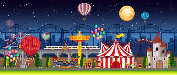 Amusement park scene at night with balloons and moon in the sky