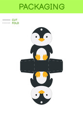 DIY party favor box die cut template design for birthdays, baby showers with cute penguin for sweets, candies, small presents. Printable color scheme. Print, cut out, fold, glue. Vector illustration