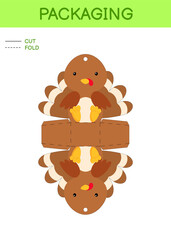 DIY party favor box die cut template design for birthdays, baby showers with cute turkey for sweets, candies, small presents. Printable color scheme. Print, cut out, fold, glue. Vector illustration