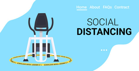 stationary bike in yellow round sign keep distance to prevent coronavirus social distancing safety instructions concept horizontal vector illustration