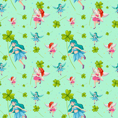 Seamless fairy tales and lucky clover cartoon style on green background