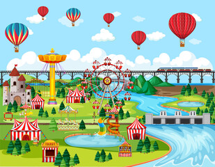 Theme amusement park festival with balloon landscape scene