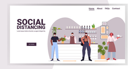 visitors in protective masks keeping distance to prevent coronavirus social distancing concept cafe interior horizontal full length copy space vector illustration