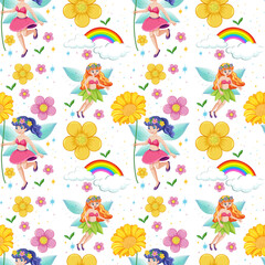 Seamless fairy tales with rainbow and flowers cartoon style on white background
