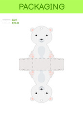 DIY party favor box die cut template design for birthdays baby showers with cute polar bear for sweets, candies, small presents. Printable color scheme. Print, cut out, fold, glue. Vector illustration