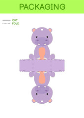 DIY party favor box die cut template design for birthdays, baby showers with cute hippo for sweets, candies, small presents. Printable color scheme. Print, cut out, fold, glue. Vector illustration