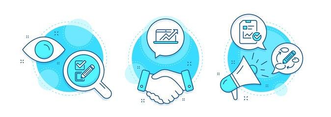 Sales diagram, Report checklist and Keywords line icons set. Handshake deal, research and promotion complex icons. Checkbox sign. Sale growth chart, Sales growth file, Marketing strategy. Vector
