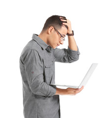 Male programmer with laptop on white background