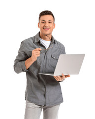 Male programmer with laptop on white background