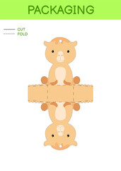 DIY party favor box die cut template design for birthdays, baby showers with cute camel for sweets, candies, small presents. Printable color scheme. Print, cut out, fold, glue. Vector illustration