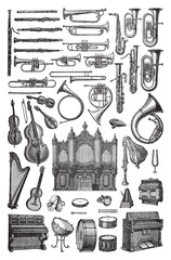 Music instrument collection - vintage engraved vector illustration from Petit Larousse Illustré 1914 - 369198773