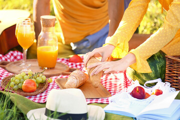 Happy young couple on picnic in park