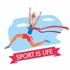 Cheerful grandfather runner wins the race. The inscription Sport is life. Vector hand graphics