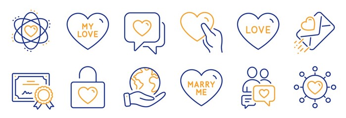 Set of Love icons, such as Love letter, Dating chat. Certificate, save planet. Hold heart, Dating network, My love. Wedding locker, Marry me, Atom. Heart line icons. Vector