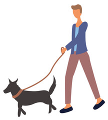Man walking with dog on leash isolated cartoon character. Vector guy walking with puppy, flat design. Marketplace with pet animals on sale, best friend