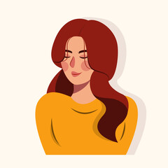 Portrait of a beautiful girl with long hair, wearing yellow t-shirt. Autumn theme, flat design