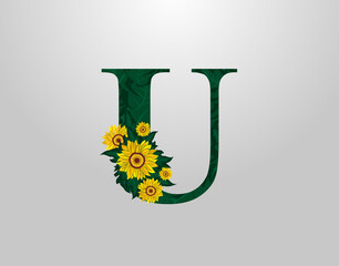 U Letter with sunflower vector design. Flower U Logo Icon. Typography design