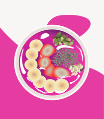 Healthy breakfast. Porridge with fruits. Pink cereal. Editable vector illustration