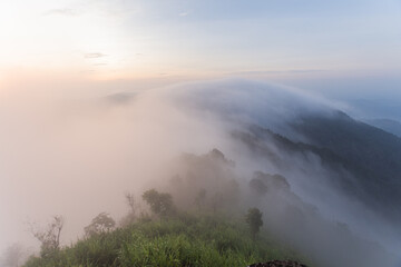 beautiful view on top mountain and mist at morning light. soft focus.