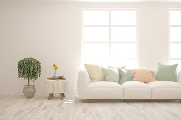 White living room with sofa. Scandinavian interior design. 3D illustration