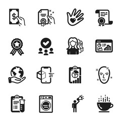 Set of Business icons, such as Seo statistics, Health skin. Certificate, approved group, save planet. Receive money, Medical analyzes, Report. Laundry, Social responsibility, Coffee cup. Vector