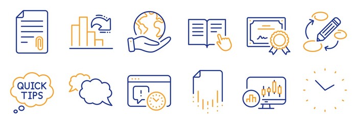 Set of Education icons, such as Quick tips, Time. Certificate, save planet. Candlestick chart, Read instruction, Recovery file. Project deadline, Attachment, Keywords. Vector