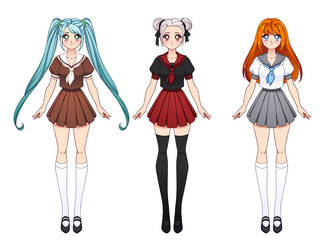 Obraz na płótnie Canvas Set of three anime girls. Cute girls with big eyes.