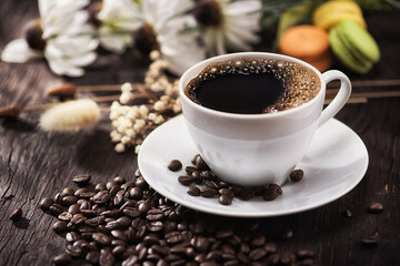 Coffee and flower for breakfast with the morning sunlight