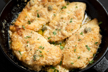 Homemade Italian Chicken Piccata in a cast iron pan on a black background, low angle view. Close-up.