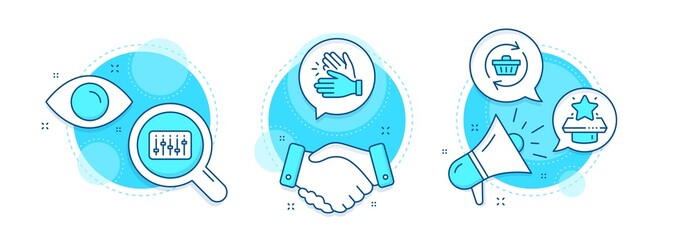 Dj controller, Clapping hands and Refresh cart line icons set. Handshake deal, research and promotion complex icons. Winner podium sign. Musical device, Clap, Online shopping. First place. Vector