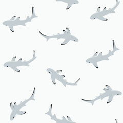 Reef sharks swim in water. Simple seamless pattern with shark. Flat design print.