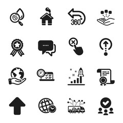 Set of Technology icons, such as Swipe up, Home. Certificate, approved group, save planet. Reject click, Development plan, Time zone. Upload, Truck delivery, Message. Vector