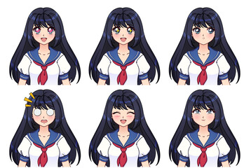 Set of anime expressions. Cute girl with long black hair.