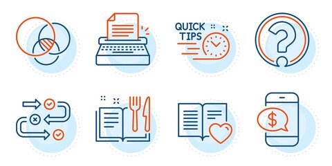Question mark, Quick tips and Recipe book signs. Euler diagram, Typewriter and Survey progress line icons set. Phone payment, Love book symbols. Relationships chart, Writer machine. Vector