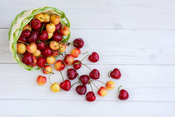 Naklejka na ściany i meble Cherries scattered on a white wooden background. Top view of ripe red berries. Rustic summer still life with a bowl. Yellow and red berries.