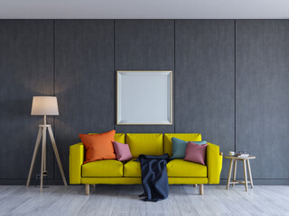 modern living room with 3 seater sofa. simple black background mock up with square photo frame. 3d render.