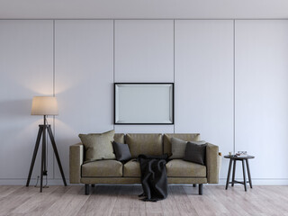 modern living room with 3 seater sofa. simple white background mock up with rectangle photo frame. 3d render.