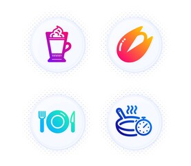 Latte coffee, Pistachio nut and Food icons simple set. Button with halftone dots. Frying pan sign. Hot drink with whipped cream, Vegetarian food, Restaurant. Cooking timer. Food and drink set. Vector
