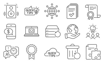 Set of Education icons, such as Recovery server, Phone payment. Diploma, ideas, save planet. Handout, Reward, Speakers. Time management, Education idea, Strategy. Vector