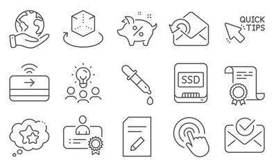 Fototapeta premium Set of Technology icons, such as Click, Ssd. Diploma, ideas, save planet. Contactless payment, Approved mail, Edit document. Chemistry pipette, Augmented reality, Send mail. Vector