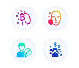 Face protection, Edit person and Bitcoin think icons simple set. Button with halftone dots. Salary employees sign. Secure access, Change user info, Cryptocurrency head. People earnings. Vector