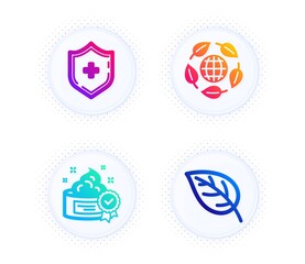 Medical shield, Eco organic and Cream icons simple set. Button with halftone dots. Leaf sign. Medicine protection, Bio ingredients, Best lotion. Environmental. Healthcare set. Vector
