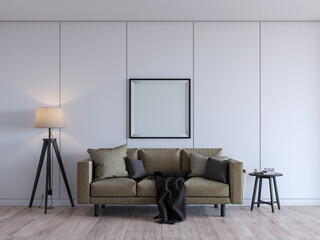 modern living room with 3 seater sofa. simple white background mock up with square photo frame. 3d render.