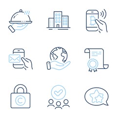 Bitcoin pay, Copyright locker and Star line icons set. Diploma certificate, save planet, group of people. Restaurant food, Messenger mail and Buildings signs. Vector