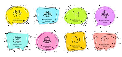 Face id, Augmented reality and Typewriter signs. Speech bubbles with quotes. Safe water, Teamwork and Swipe up line icons set. Smile, Sharing economy symbols. Hold drop, Group of users. Vector