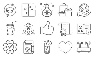 Set of Business icons, such as Cocktail, Technical algorithm. Diploma, ideas, save planet. Wifi, Water glass, Service. Documentation, Heart, Shopping. Puzzle, Like, Continuing education. Vector