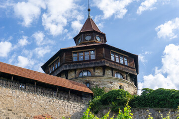 view of the old fortress and city walls in Esslingen with the local vineyard below