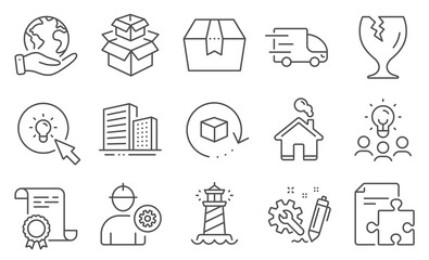 Set of Industrial icons, such as Return package, Buildings. Diploma, ideas, save planet. Package box, Home, Lighthouse. Energy, Truck delivery, Strategy. Vector