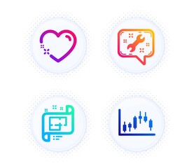 Architectural plan, Spanner and Heart icons simple set. Button with halftone dots. Candlestick graph sign. Technical project, Repair service, Love. Finance chart. Business set. Vector